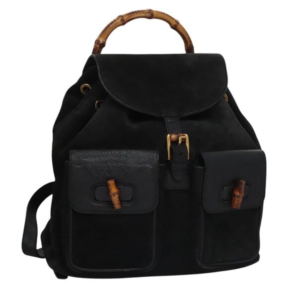 GUCCI Bamboo Backpack Suede Leather Black Gold 003 2058 0016 Auth nb010